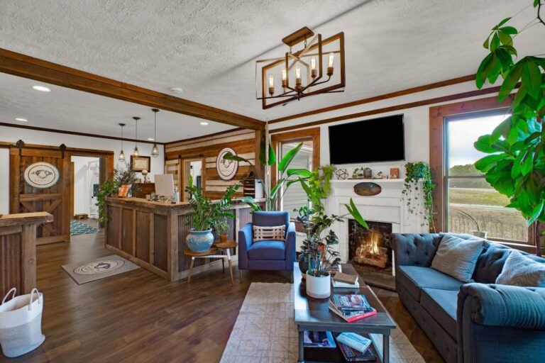 The waiting room at the Ball Ground office, with the fireplace lit